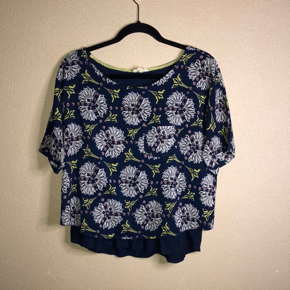 Anthropologie Meadow Rue Cottagecore Boho Hippie Blue Graphic Floral Summer Top
